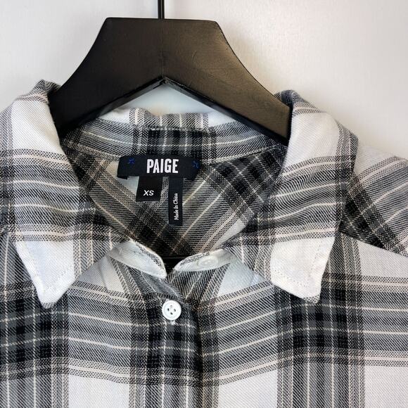 PAIGE XS Viscose Plaid Lightweight Button Down Flannel Shirt Black White - Picture 3 of 10
